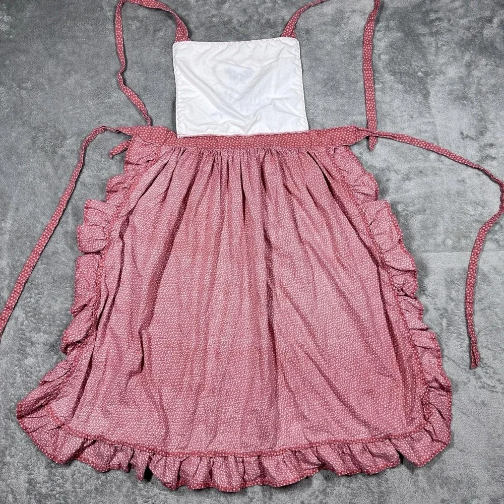 Pink Polka Dot Full Bib Apron Ruffle Trim Embroidered Heart Country‎ Kitchen
